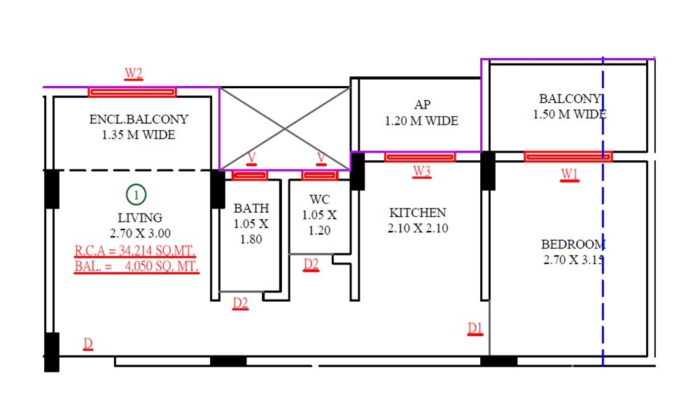 Floor plan of 1 BHK Apartment - 412 sq. ft. in Riz Residency, Thane