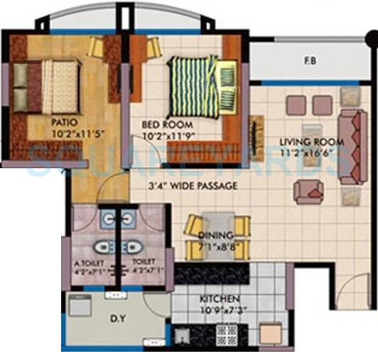 Floor plan of 2 BHK 1060 Sq. Ft. Apartment in RNA Corp Viva, Thane