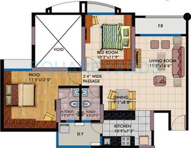 Floor plan of 2 BHK 1100 Sq. Ft. Apartment in RNA Corp Viva, Thane