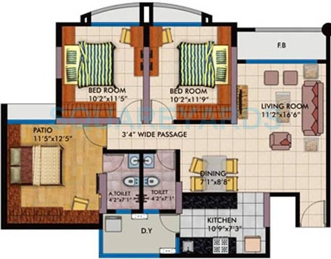 Floor plan of 3 BHK 1275 Sq. Ft. Apartment in RNA Corp Viva, Thane