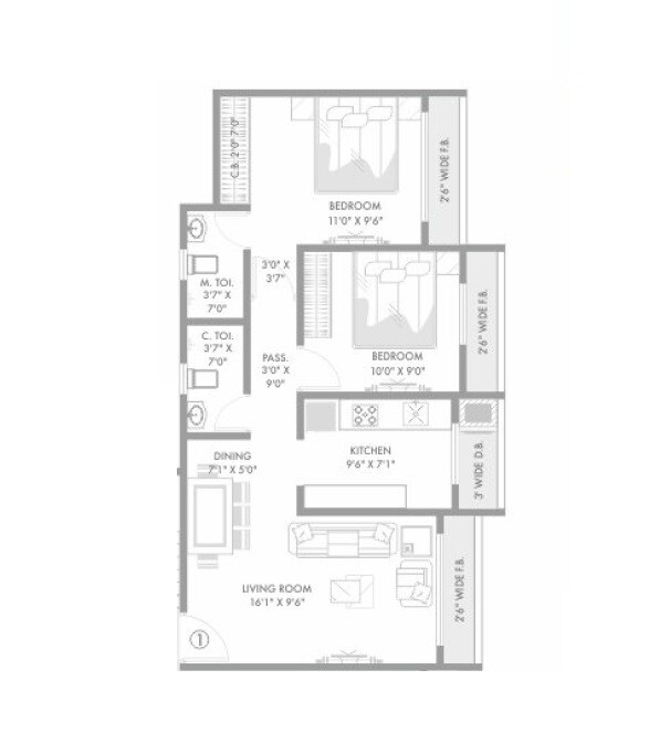 Floor plan of 2 BHK 525 Sq. Ft. Apartment in RNA N G Silver Spring, Thane