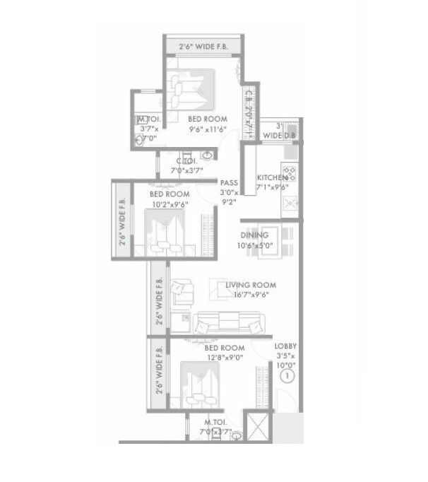 Floor plan of 3 BHK 1365 Sq. Ft. Apartment in RNA N G Silver Spring, Thane