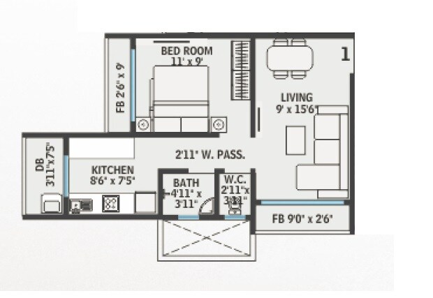 Floor plan of 1 BHK 348 Sq. Ft. Apartment in RNA NG Baveno, Thane