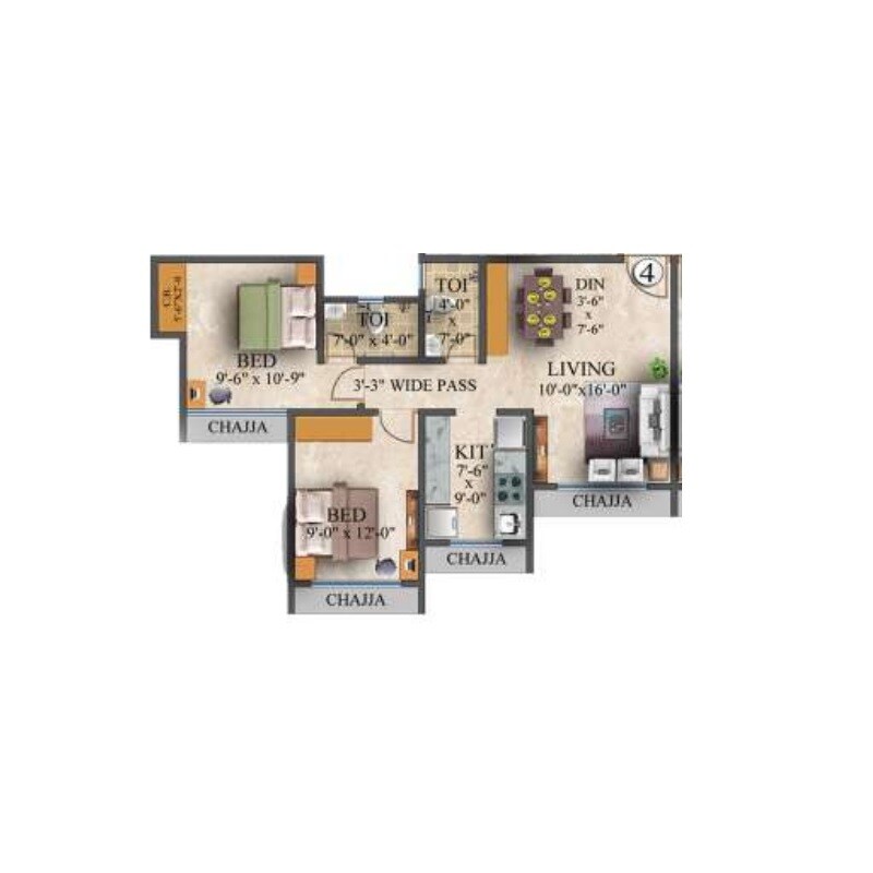 Floor plan of 2 BHK 544 Sq. Ft. Apartment in RNA NG Bliss, Thane