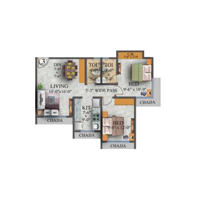Floor plan of 2 BHK 590 Sq. Ft. Apartment in RNA NG Bliss, Thane
