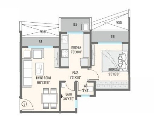 Floor plan of 1 BHK 295 Sq. Ft. Apartment in RNA NG Canary, Thane