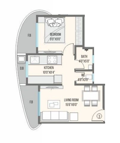 Floor plan of 1 BHK 333 Sq. Ft. Apartment in RNA NG Canary, Thane