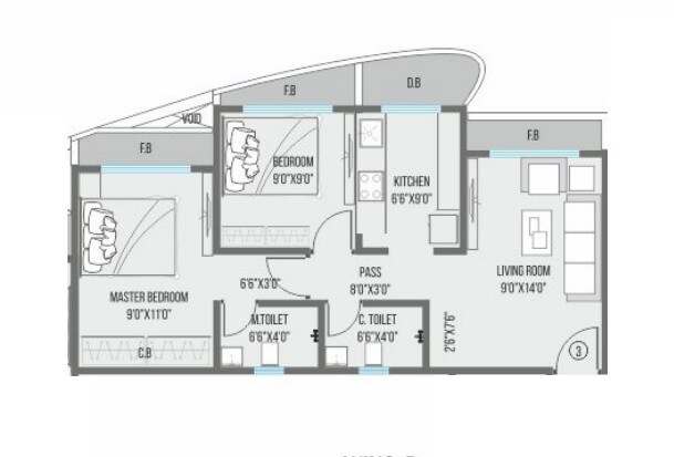 Floor plan of 2 BHK 443 Sq. Ft. Apartment in RNA NG Canary, Thane
