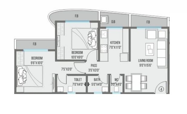 Floor plan of 2 BHK 473 Sq. Ft. Apartment in RNA NG Canary, Thane