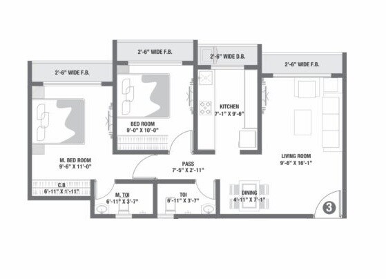 Floor plan of 2 BHK 556 Sq. Ft. Apartment in RNA NG Diamond Hill, Thane