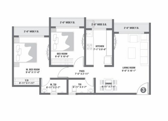 Floor plan of 2 BHK 514 Sq. Ft. Apartment in RNA NG Diamond Hill D Phase II, Thane