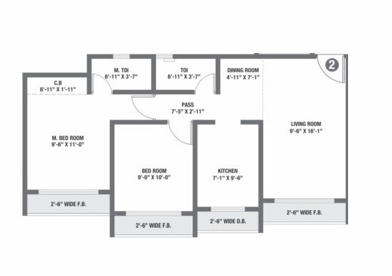 Floor plan of 2 BHK 538 Sq. Ft. Apartment in RNA NG Diamond Hill D Phase II, Thane