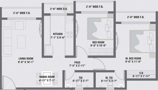 Floor plan of 2 BHK 530 Sq. Ft. Apartment in RNA NG Diamond Hill Phase III, Thane