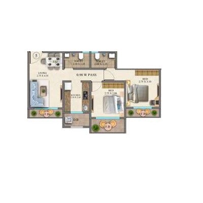 Floor plan of 2 BHK 466 Sq. Ft. Apartment in RNA NG Grand Empire, Thane