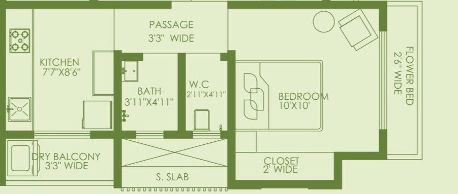 Floor plan of 1 BHK 386 Sq. Ft. Apartment in RNA NG Hill Crest, Thane