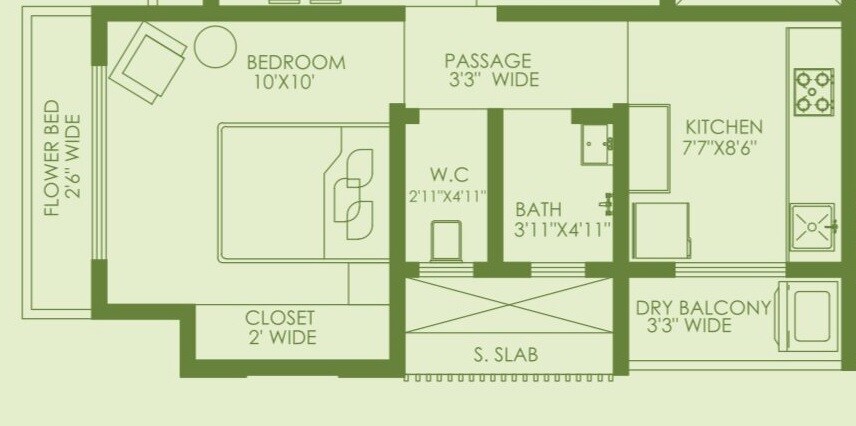 Floor plan of 1 BHK 396 Sq. Ft. Apartment in RNA NG Hill Crest, Thane