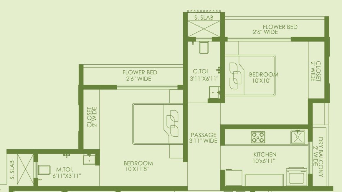 Floor plan of 2 BHK 512 Sq. Ft. Apartment in RNA NG Hill Crest, Thane