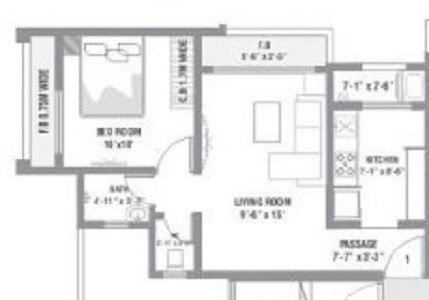Floor plan of 1 BHK 341 Sq. Ft. Apartment in RNA NG Valencia Phase 1, Thane