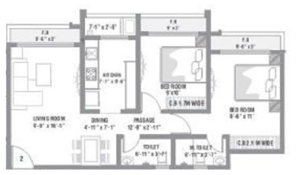 Floor plan of 2 BHK 540 Sq. Ft. Apartment in RNA NG Valencia Phase 1, Thane
