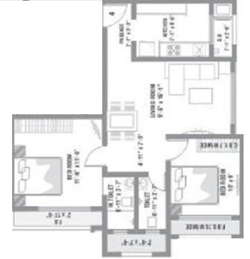Floor plan of 2 BHK 556 Sq. Ft. Apartment in RNA NG Valencia Phase 1, Thane
