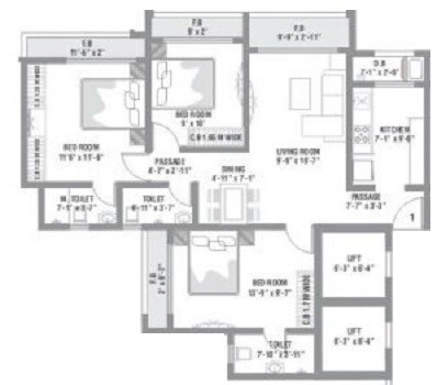 Floor plan of 3 BHK 706 Sq. Ft. Apartment in RNA NG Valencia Phase 1, Thane