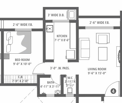 Floor plan of 1 BHK 421 Sq. Ft. Apartment in RNA NG Vibrancy, Thane