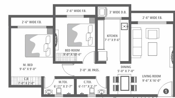 Floor plan of 2 BHK 521 Sq. Ft. Apartment in RNA NG Vibrancy, Thane