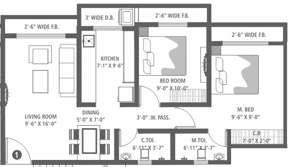Floor plan of 2 BHK 534 Sq. Ft. Apartment in RNA NG Vibrancy, Thane