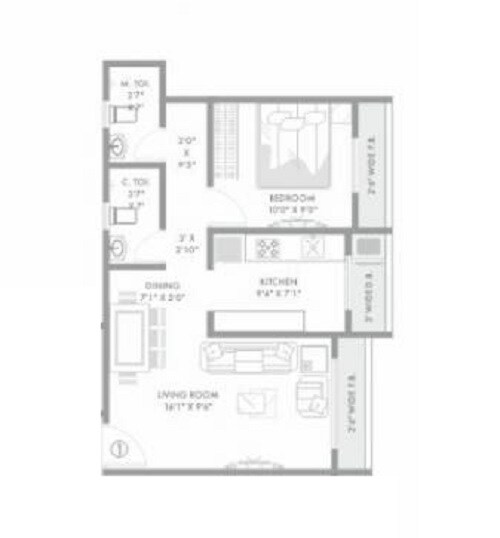 Floor plan of 1 BHK 424 Sq. Ft. Apartment in RNA Shri Silver Spring Mira Road, Thane