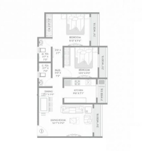 Floor plan of 2 BHK 525 Sq. Ft. Apartment in RNA Shri Silver Spring Mira Road, Thane