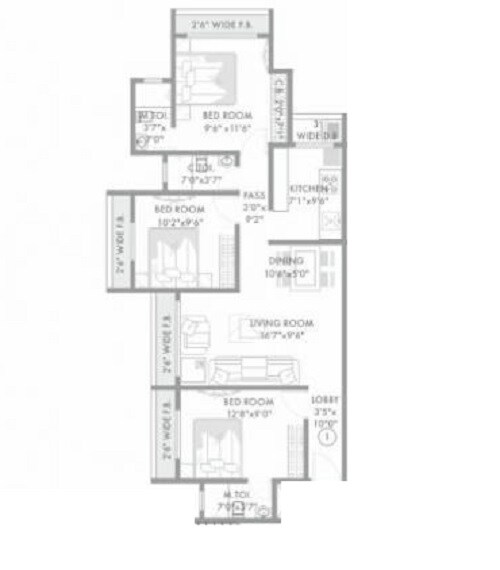 Floor plan of 3 BHK 1365 Sq. Ft. Apartment in RNA Shri Silver Spring Mira Road, Thane