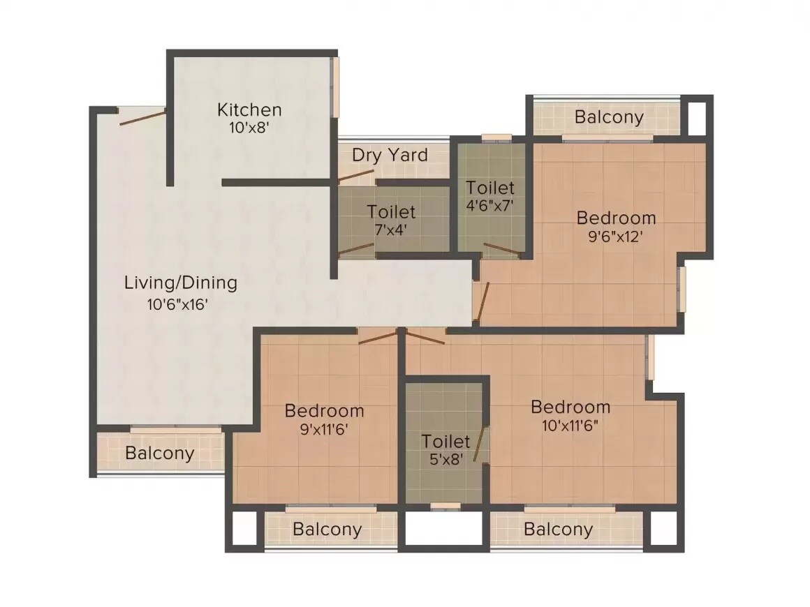 Floor plan of 3 BHK 910 Sq. Ft. Apartment in Rohit Shivkripa Residency, Thane
