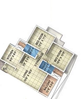 Floor plan of 2 BHK 1050 Sq. Ft. Apartment in Rosa Bella, Thane
