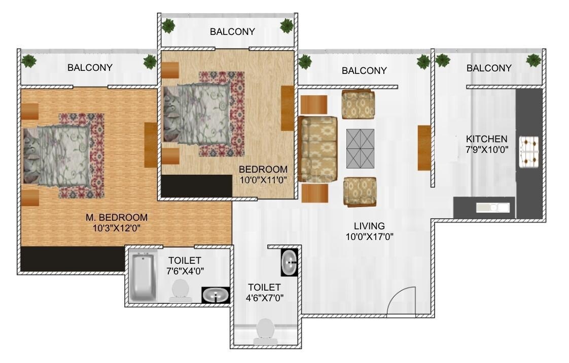 Floor plan of 2 BHK 1010 Sq. Ft. Apartment in Rosa Elite, Thane