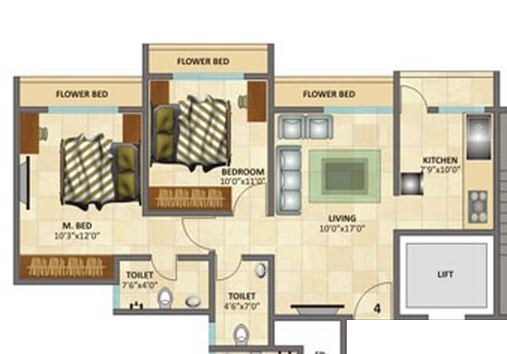 Floor plan of 2 BHK 910 Sq. Ft. Apartment in Rosa Elite, Thane