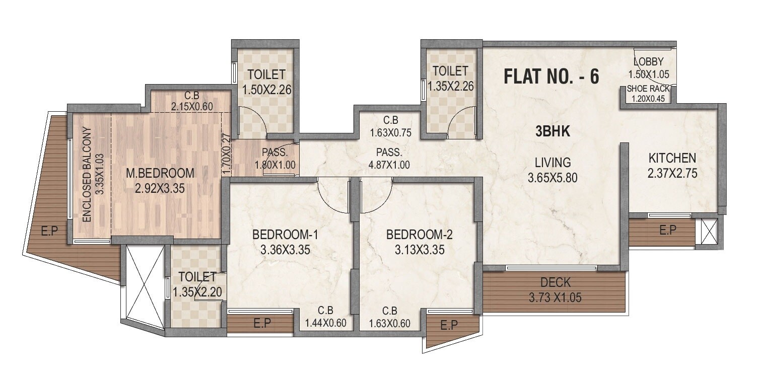 Floor plan of 3 BHK 897 Sq. Ft. Apartment in Rosa Manhattan, Thane