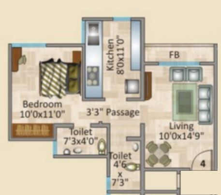 Floor plan of 1 BHK 700 Sq. Ft. Apartment in Rosa Royale, Thane