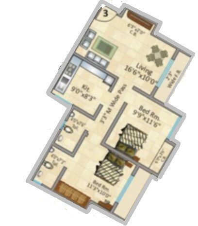Floor plan of 2 BHK 930 Sq. Ft. Apartment in Rosa Royale, Thane