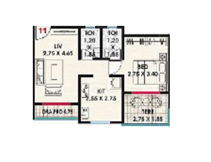 Floor plan of 1 BHK 394 Sq. Ft. Apartment in Royal Flora, Thane