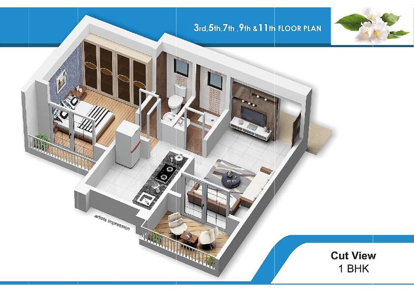 Floor plan of 1 BHK 413 Sq. Ft. Apartment in Royal Flora, Thane