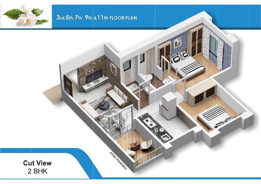 Floor plan of 2 BHK 445 Sq. Ft. Apartment in Royal Flora, Thane