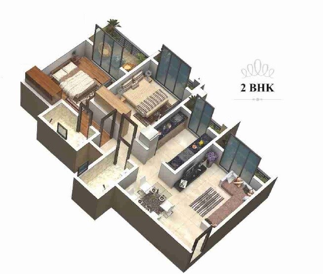 Floor plan of 2 BHK 603 Sq. Ft. Apartment in Royal Garden Kalyan, Thane