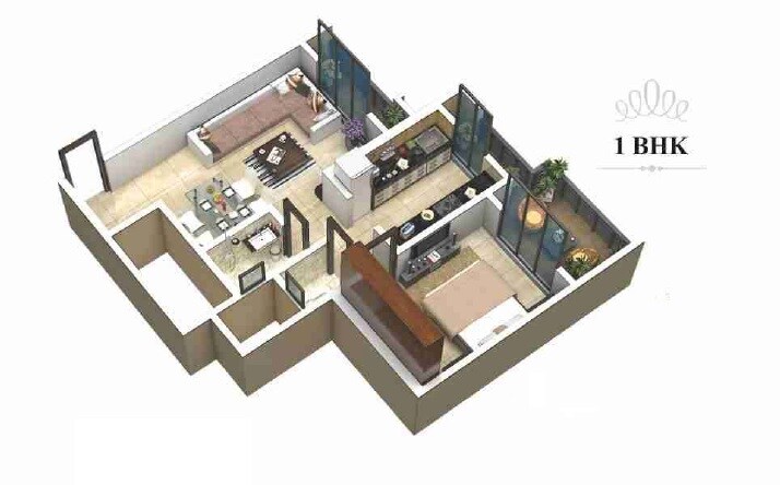 Floor plan of 1 BHK 443 Sq. Ft. Apartment in Royal Garden Phase I, Thane