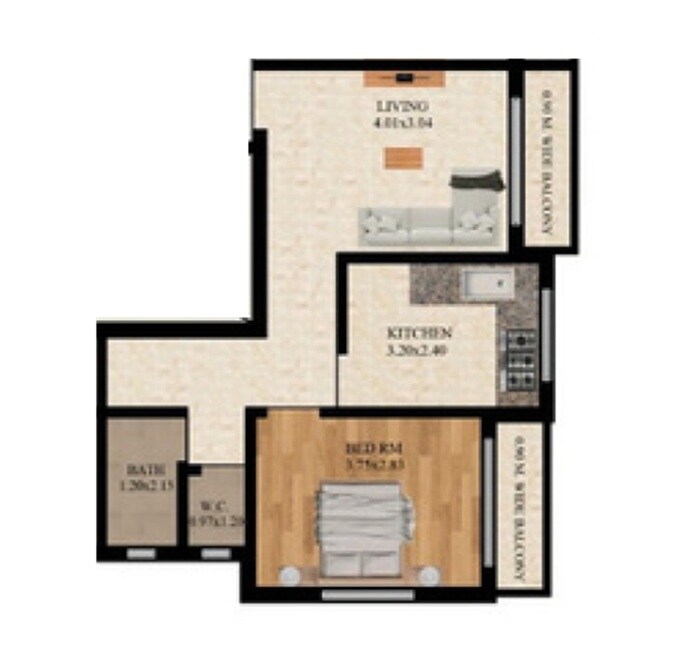 Floor plan of 1 BHK 525 Sq. Ft. Apartment in Royal Heritage Township, Thane