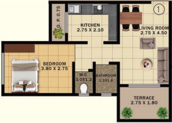 Floor plan of 1 BHK 304 Sq. Ft. Apartment in Royal Nest Ambernath, Thane