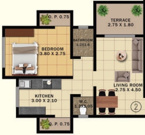 Floor plan of 1 BHK 338 Sq. Ft. Apartment in Royal Nest Ambernath, Thane
