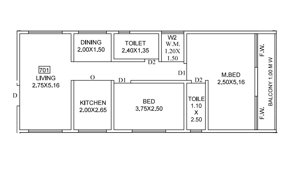 Floor plan of 2 BHK 699 Sq. Ft. Apartment in Ruby Height, Thane