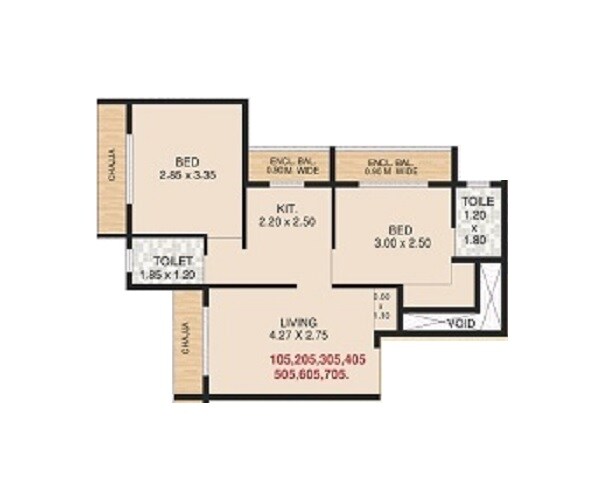 Floor plan of 2 BHK 479 Sq. Ft. Apartment in Rudis Sunanda Circle, Thane