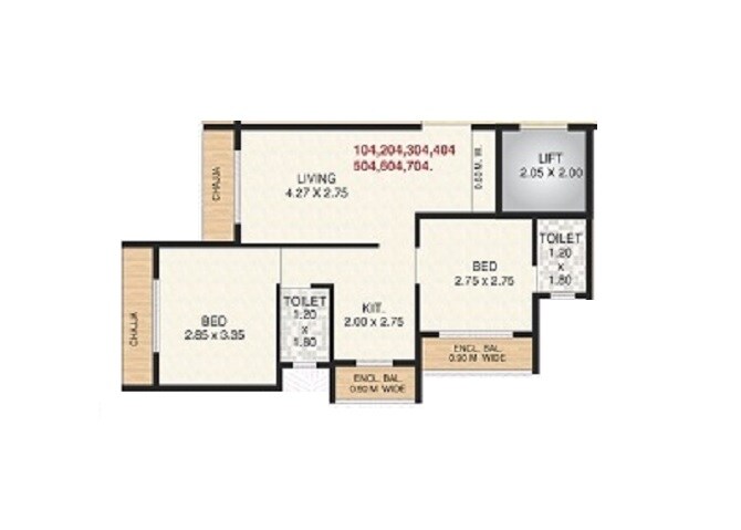 Floor plan of 2 BHK 588 Sq. Ft. Apartment in Rudis Sunanda Circle, Thane