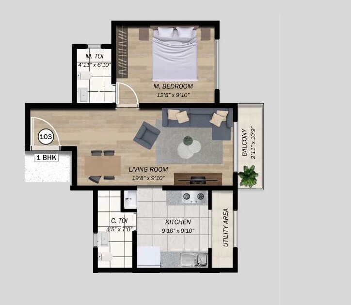 Floor plan of 1 BHK 575 Sq. Ft. Apartment in Rudrik Visava, Thane